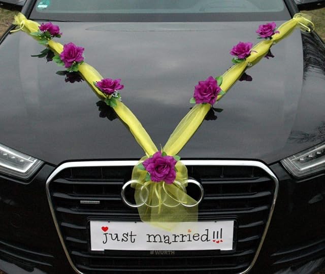 Organza M dekoracja samochodu para młoda róża dekoracja samochodowa na wesele Car Auto Wedding Deko (ciemnofioletowy/żółty)