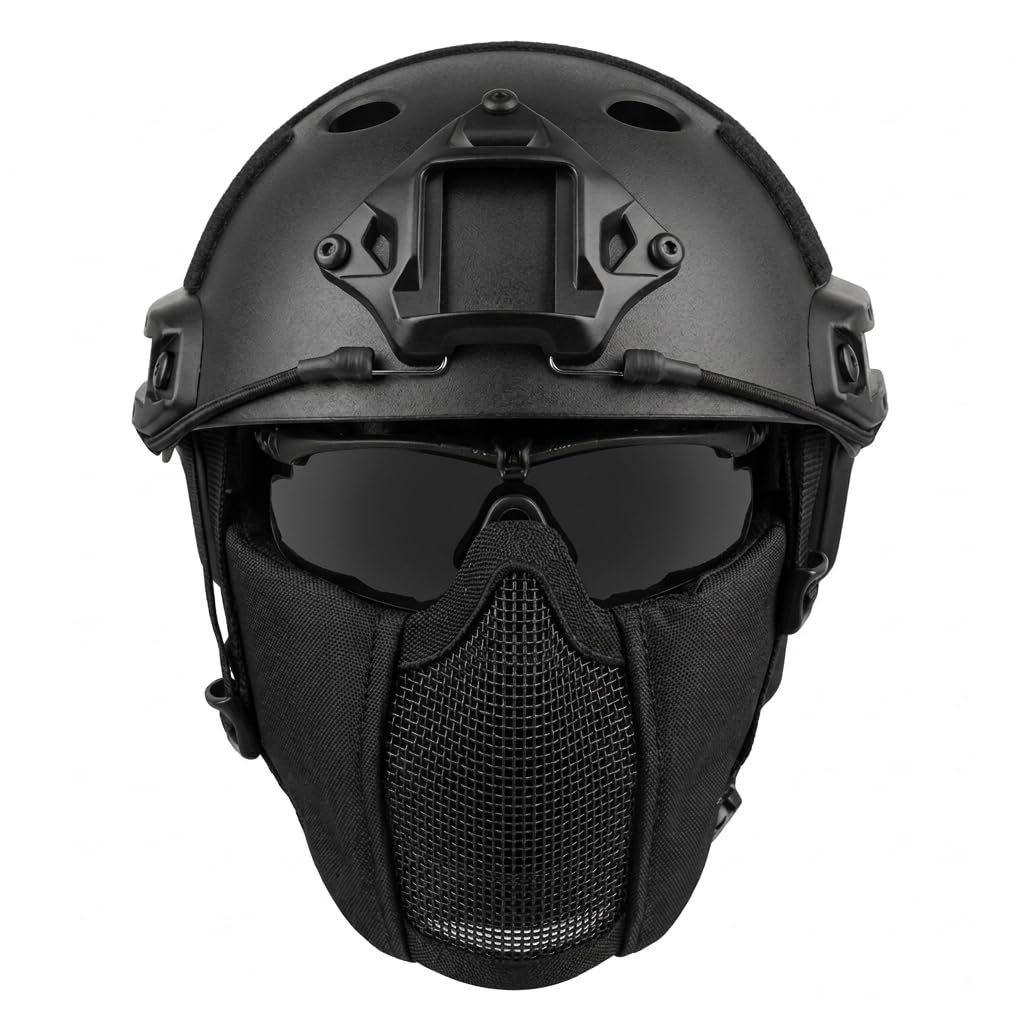 Casco Fast Tattico MH Combinato, con Protezione per le Orecchie Pieghevole Maschera a Rete Mezza Faccia e Occhiali per il Set di Giochi Airsoft Paintball CS
