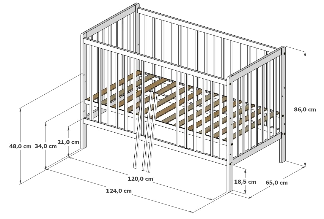 zee Weiß Natur Babybett LUMI 120x60 cm Mit Schutzgitter 2in1 Kinderbett Aus Kiefernholz Höhenverstellbar EN 716 Umbaubar Zum Juniorbett
