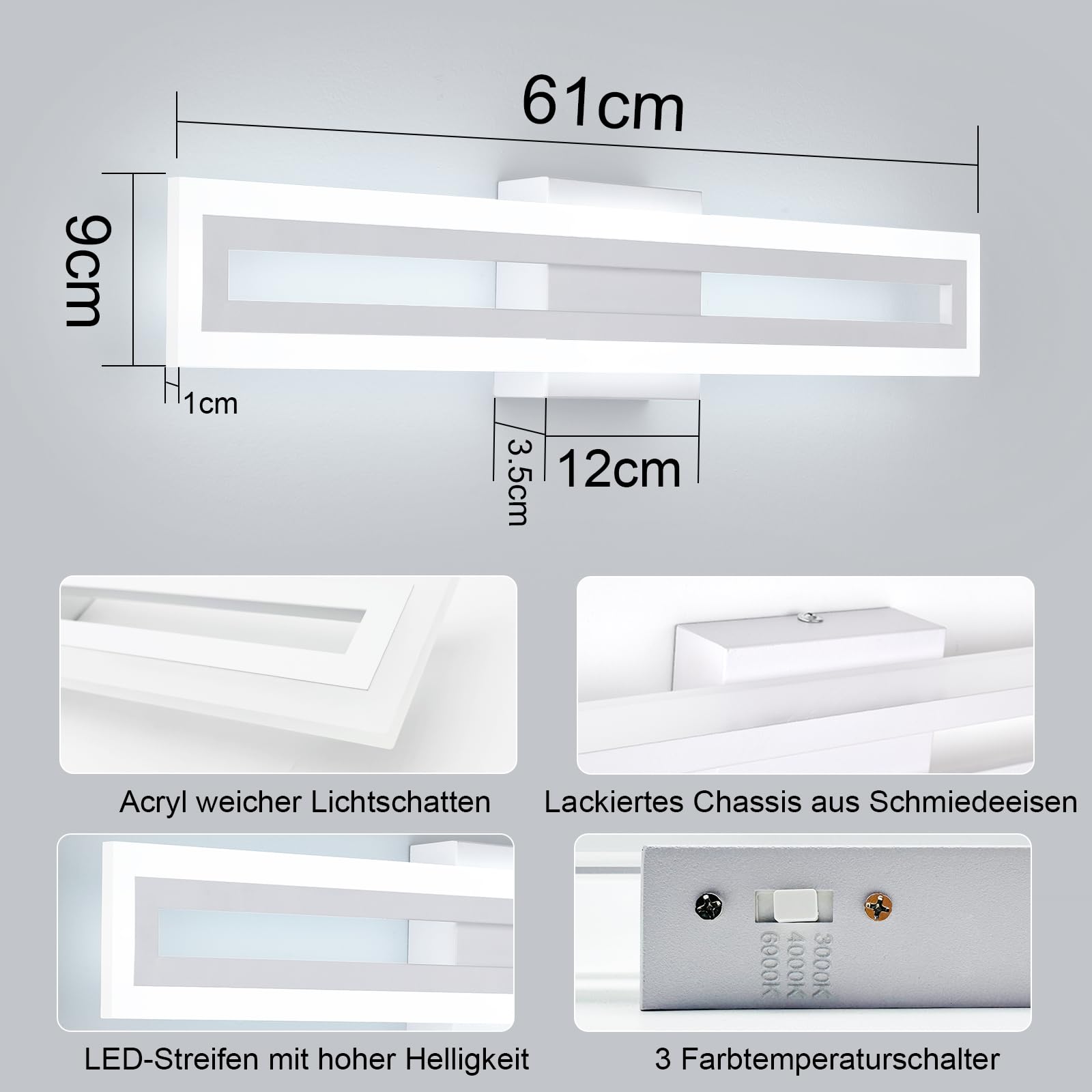 LED Spiegellampe Bad Wandbeleuchtung, 60 cm 20W moderne Wandleuchte, 3 Farbtemperaturen, lineare Wandleuchte für Badezimmer, Schlafzimmer, Flur, Weiß
