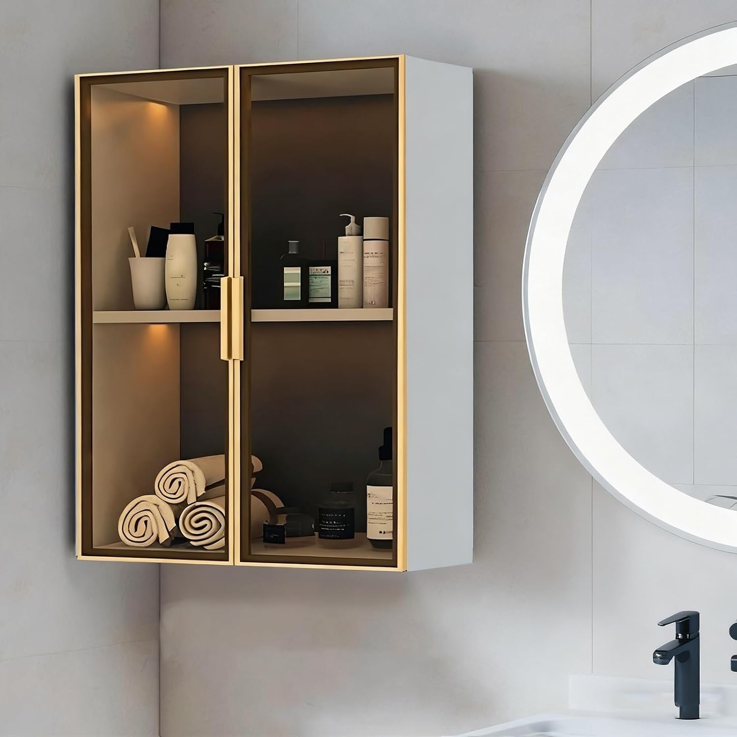 Wall Mounted Bathroom Cabinet, Kitchen Wall Cabinets Storage, Aluminum Glass Door Medicine Cabinet, Waterproof Floating Organizer, Space Saving for Bathroom, Toilet, Kitchen, 2 Door 2 Tier,2Door2Tier