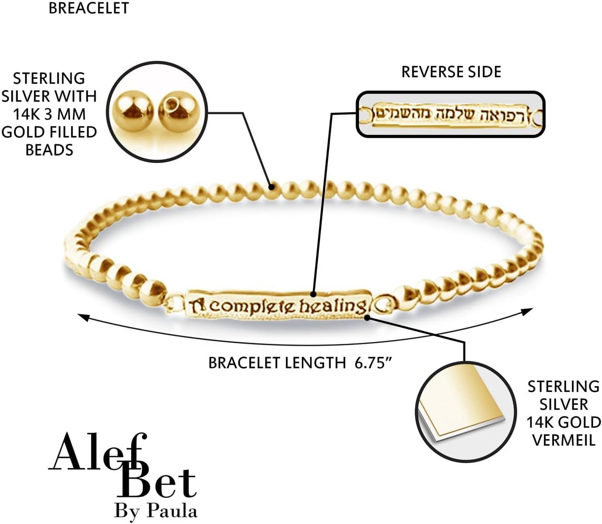 Alef Bet by Paula 14k Gold-Filled Healing Prayer Bracelet for Women - Hebrew & English 'Refuah Shlema' Get Well Jewelry