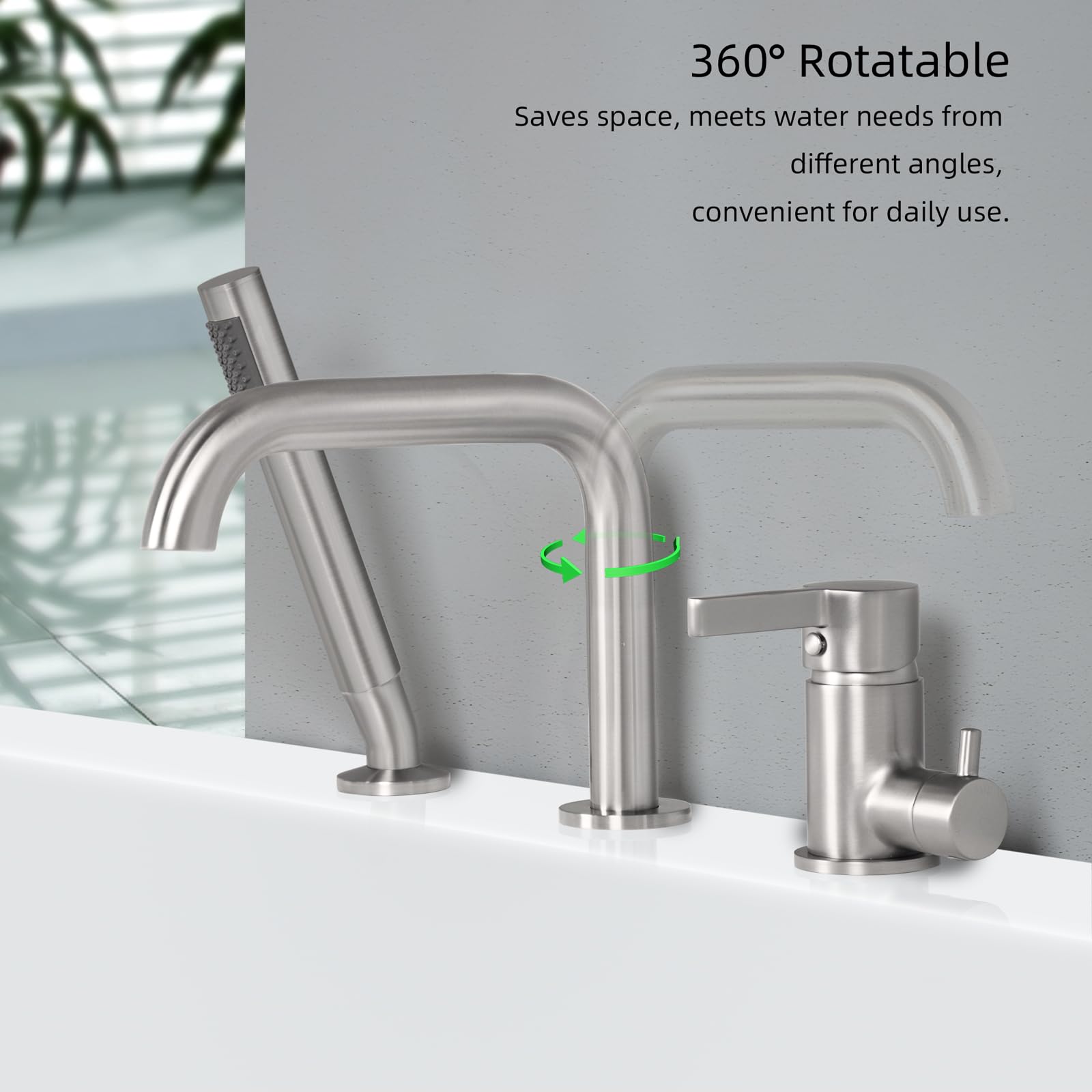 Grifo Bañera 3 Agujeros, Baño Ducha Mezclador con Giratorio de 360°, Grifo de Bañera 3 Orificios, para Borde de Bañera, Cepillado, 11Y2OK