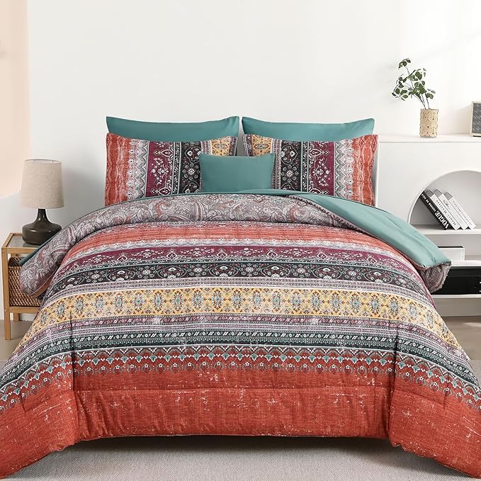 Image of Cottolester Boho Full Comforter Set 8 Pieces,Orange and Green Bohemian Striped Bed in a Bag, Paisley Soft Microfiber Bedding Comforter Set