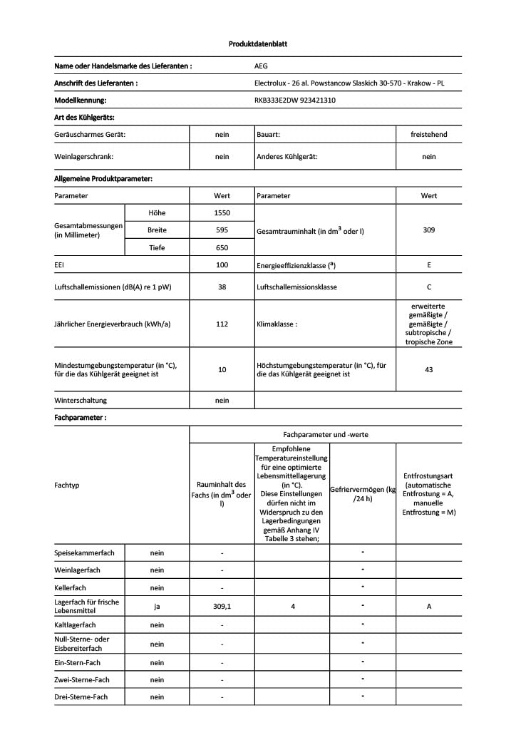 AEG Frigorífico independiente RKB333E2DW / 1550 mm / 309 L/E