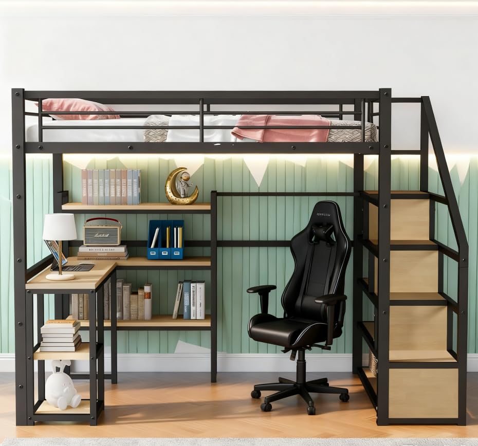 Image of Bellemave Full Loft Bed with Storage Stairs Desk and 3-Tier Shelves, Full Size Loft Bed for Kids, Teens, Adults, Black
