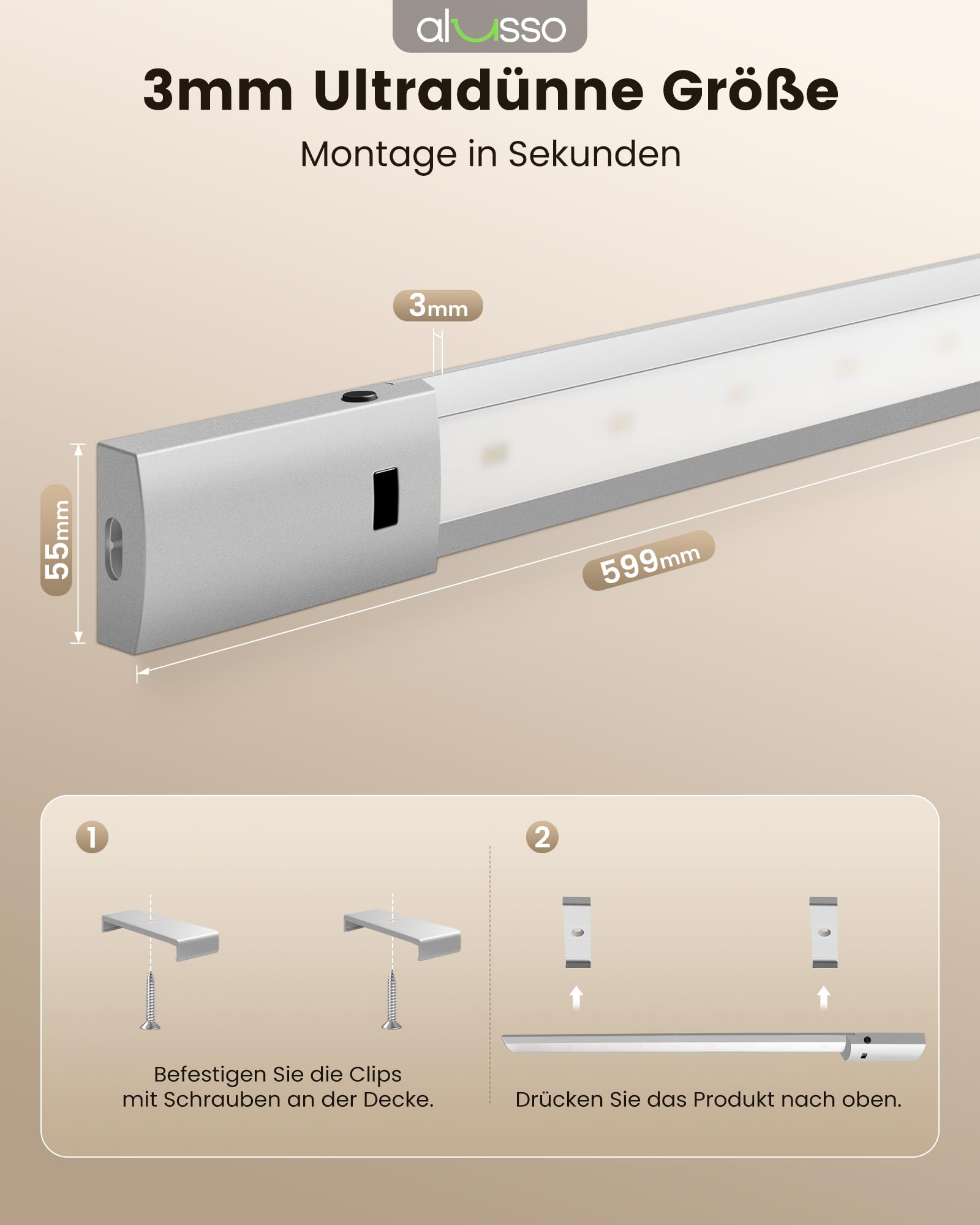 ALUSSO 60cm Unterbauleuchte küche LED Dimmbar, 3 Farbtemperatur Lichtleiste mit Berührungsloser Sensor, Ultra Dünn Unterschrank Beleuchtung für Schrank, Regale, Werkbank, 780Lumen