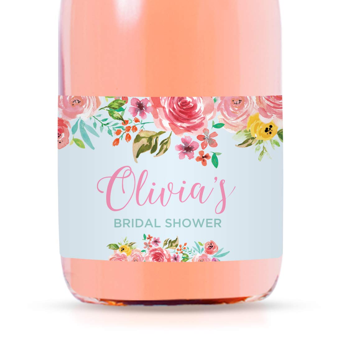 Andaz Press Personalized Bridal Shower Mini Wine Labels for Bottles, Pink Roses English Tea Party 20-Pack Custom Mini Champagne Bottles Bulk Waterproof Bridal Shower Wine Bottle Labels