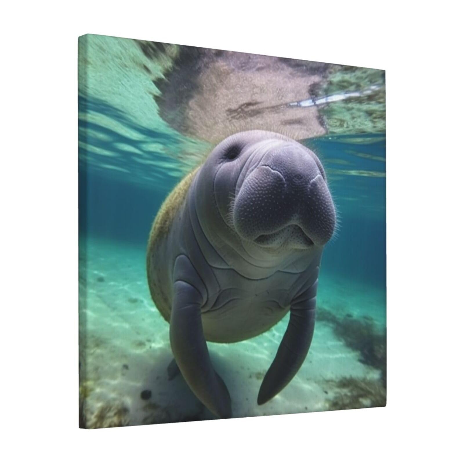 KLOPH Cute Sea Animal Manatee Canvas Wall Art for Living Room 12"x12" Modern Artwork Painting for Bathroom Hanging Canvas Prints Aesthetic Wallart for Bedroom Kitchen Office Wall Decor