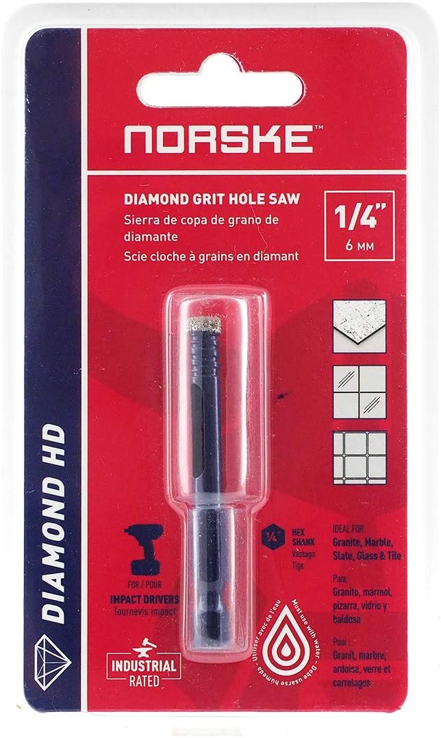NorskeTools NDHSI103 1/4 inch (6mm) Industrial Quality Vacuum Brazed Diamond Drill Bit Hole Saw for Tile, Stone, Glass, Brick, Block and Cement Backer Board