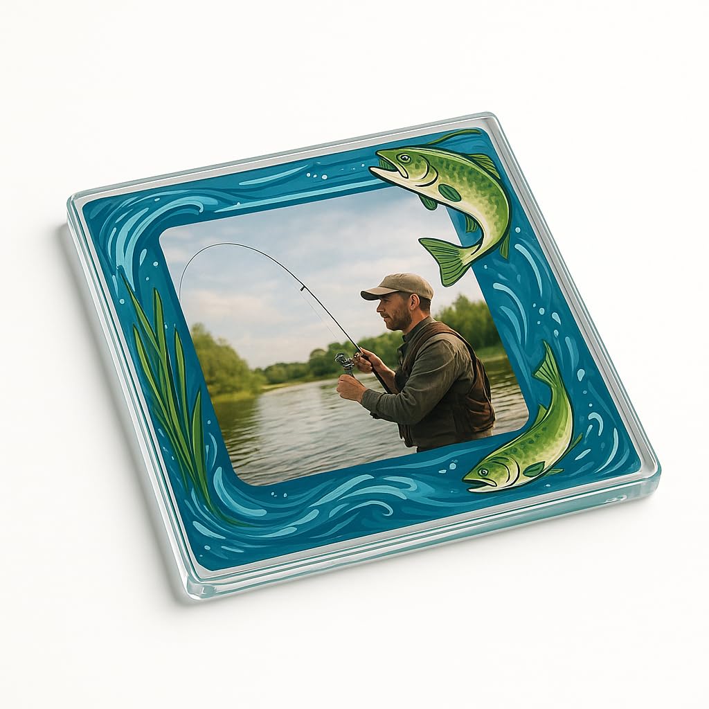The Plum Penguin Fishing Personalized Acrylic Coaster Gift Featuring Memories - Reel Reflections Keepsake For Anglers & Outdoor Lovers