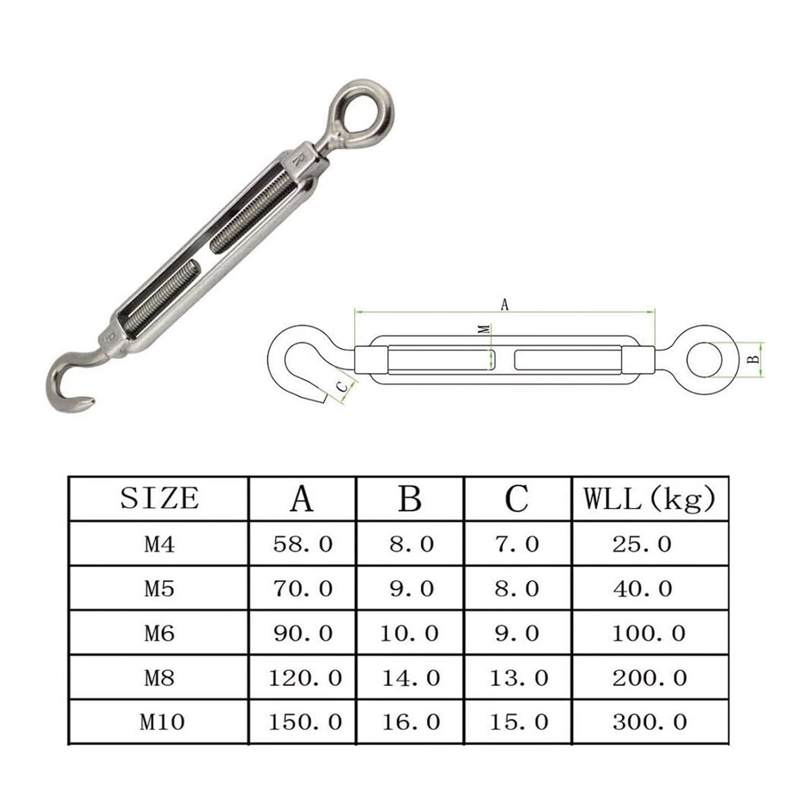 Tensor de Tensor Ajustable de Gancho y Ojo, Tensor de Acero Inoxidable, Gancho de Ajuste, Tornillo de Ojo, Tensor de Cable, Conector de Tornillo de Cable Apretado(M10,5PCS)