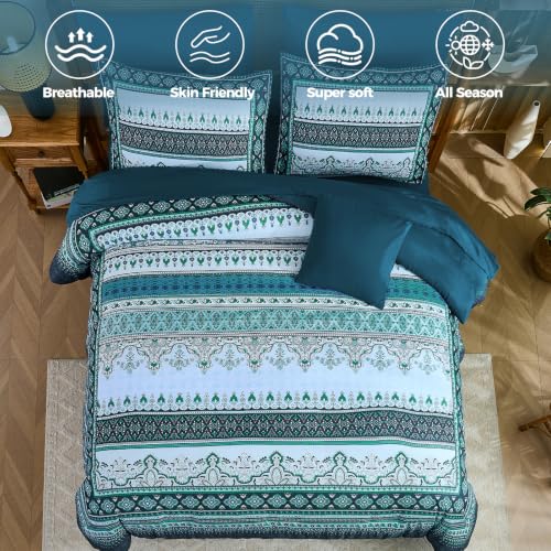 Image of Teal Blue Boho Comforter Set King Size,8 Pieces Striped Bed in a Bag