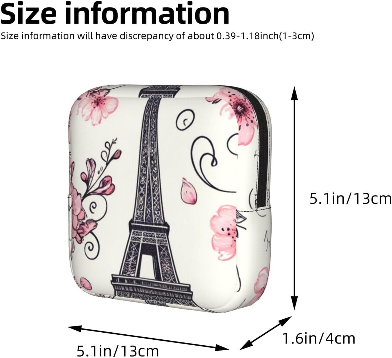 Paris-Eiffel-Tower-Floral-Bike Portable Period Pad Pouch for Women, Sanitary Napkin Storage Bag with Zipper for Outdoor Use image 3