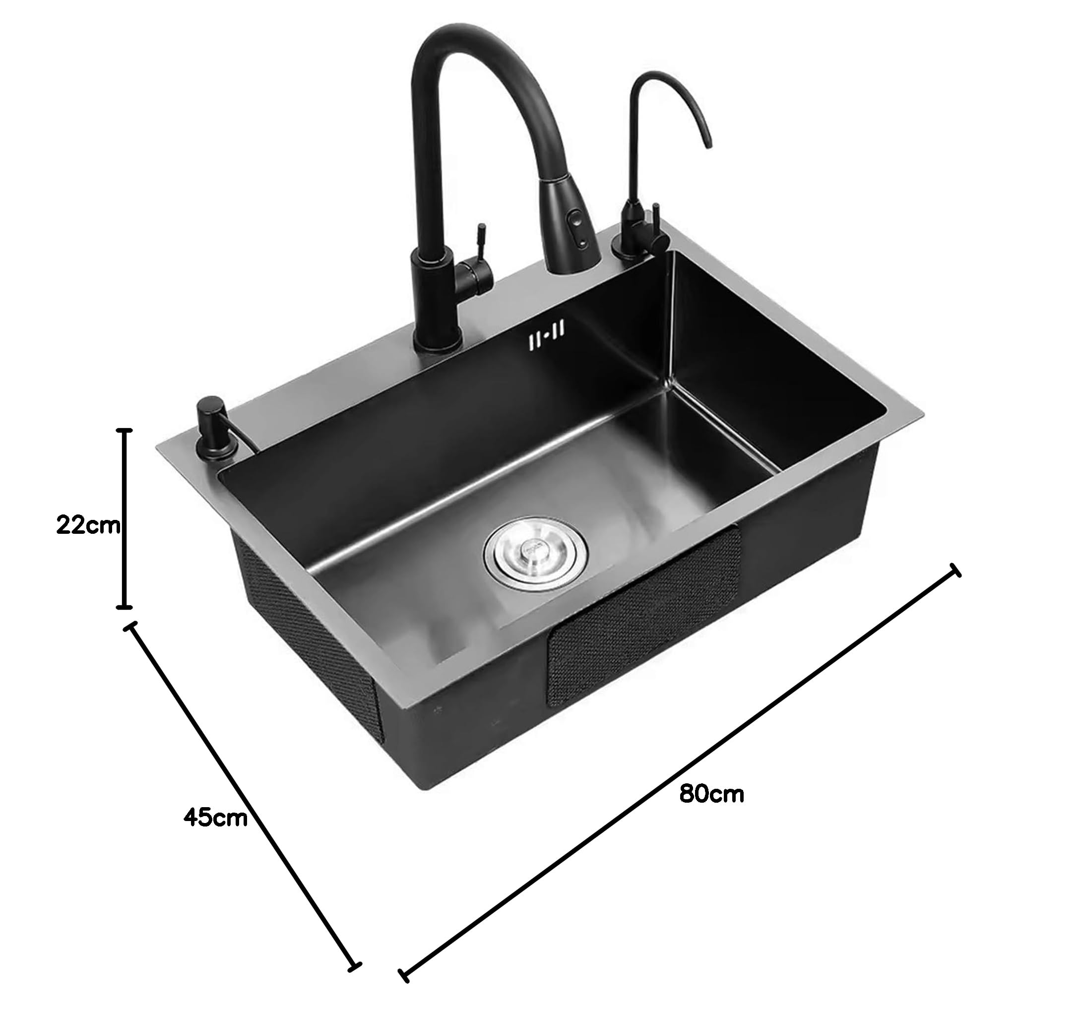 Fregadero negro de acero inoxidable 304, cuenco individual grande, fregadero de bar, grifo extraíble negro, accesorios completos, 80 x 50 x 20 cm