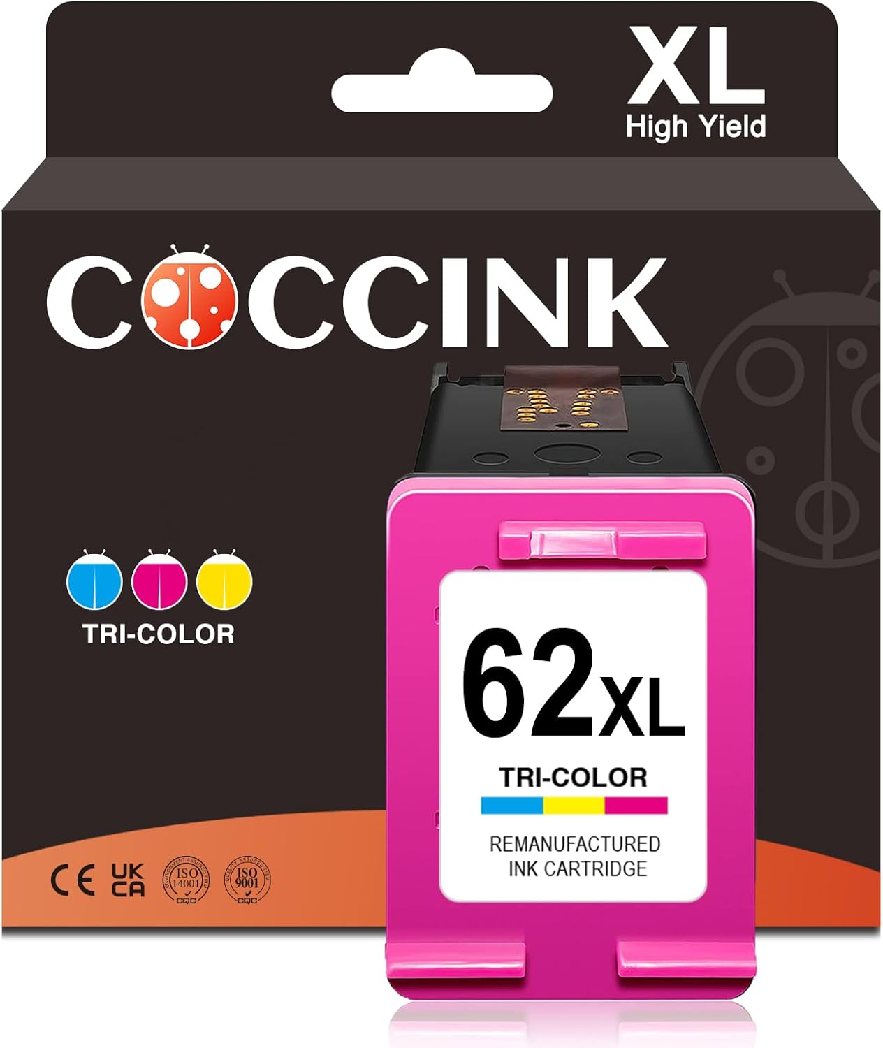 COCCINK 62XL Color Ink Cartridges for Envy 5540 5640 5660 7640 7645 OfficeJet Mobile 200 250 OfficeJet 5740 5746 5745 Deskjet 5645 Printer Remanufactured for HP 62 XL HP62XL HP62 (1 Tri-Color)