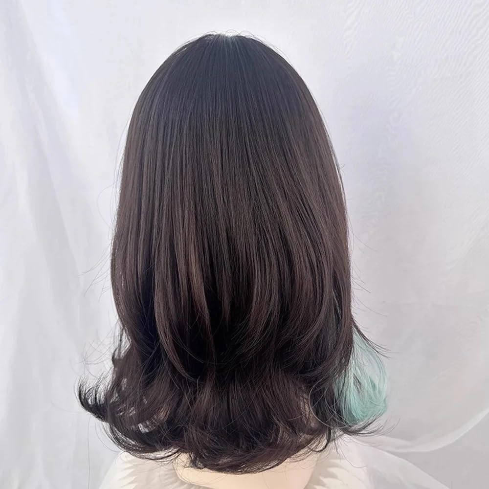 Parrucche realistiche Parrucca sintetica da donna, corta, ondulata, con meches nere, rosa e verdi, frangia, soffice parrucca cosplay Acconciatura femminile