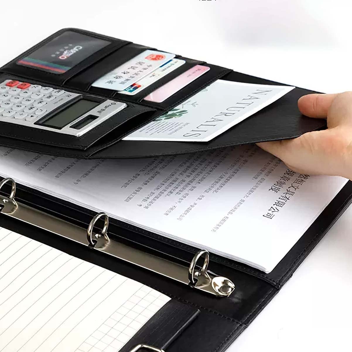 Organizador de Carpetas Padfolio Carpeta de 4 Anillas Carpeta de Cuero de PU Entrevista de Negocios Organizador de Documentos con Funda for Recibos y Tarjetero(Brown,12 bit Calculator)