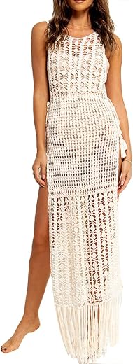 Sexy Women Swimsuit Mesh Tassel Skirts Beach Cover Up Crochet Summer Swimsuit Split See Through Maxi Swimwear