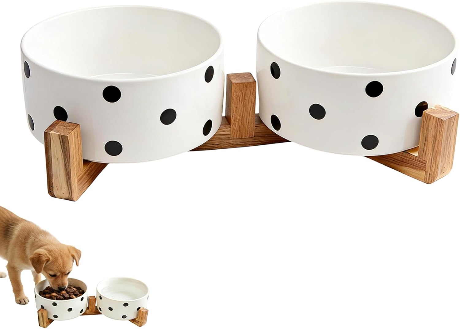 28.74 OZ Elevated Ceramic Dog Bowl Set with Acacia Wood Stand - 3.6 Cup Cat Food Bowl Raised Pet Dish Modern Indoor Water Basic Bowls for Puppies - 850 ML (Double Bowl with Stand - White)