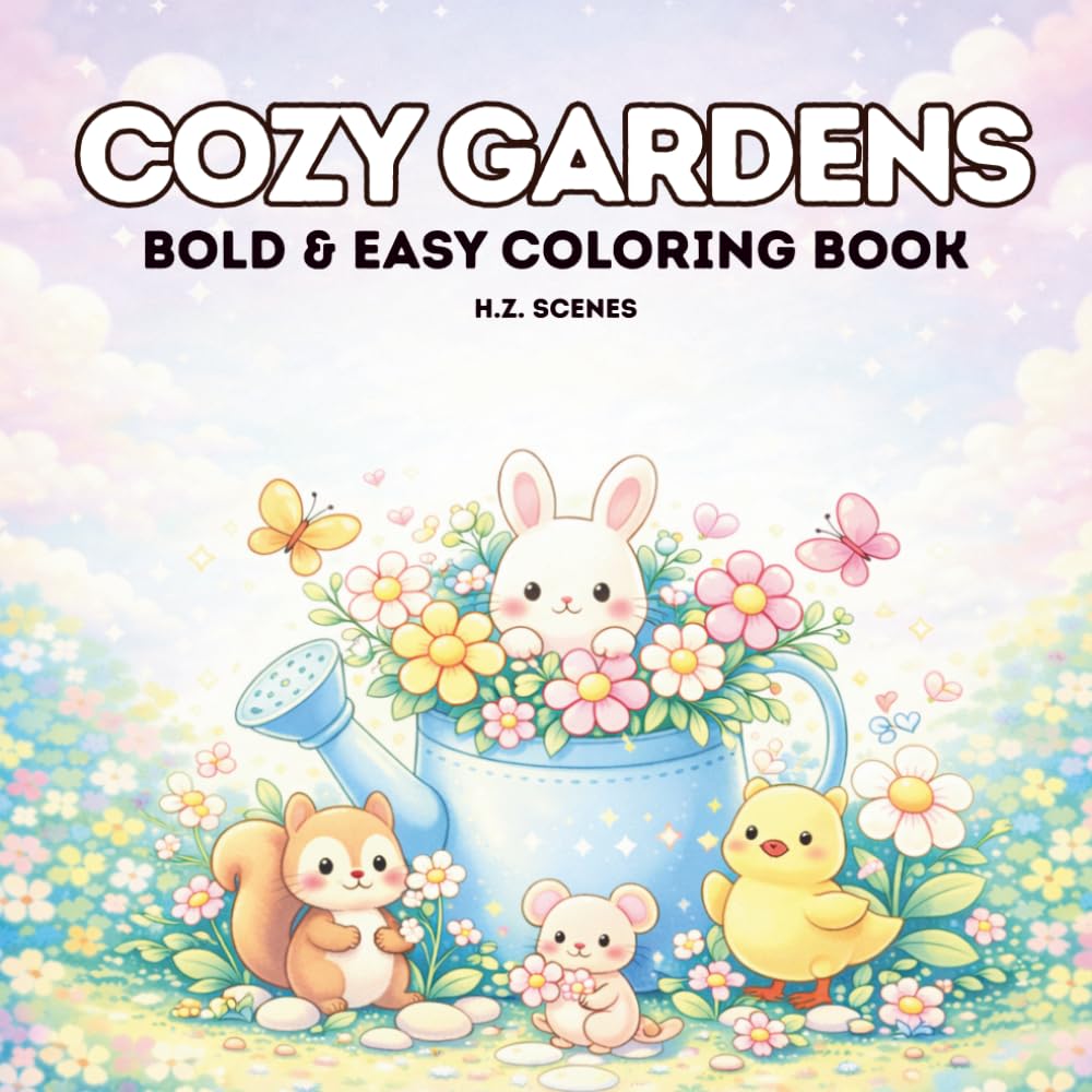 Cozy Gardens: Bold & Easy Coloring Book for Adults and Teens Featuring Cute Miniature Garden Scenes