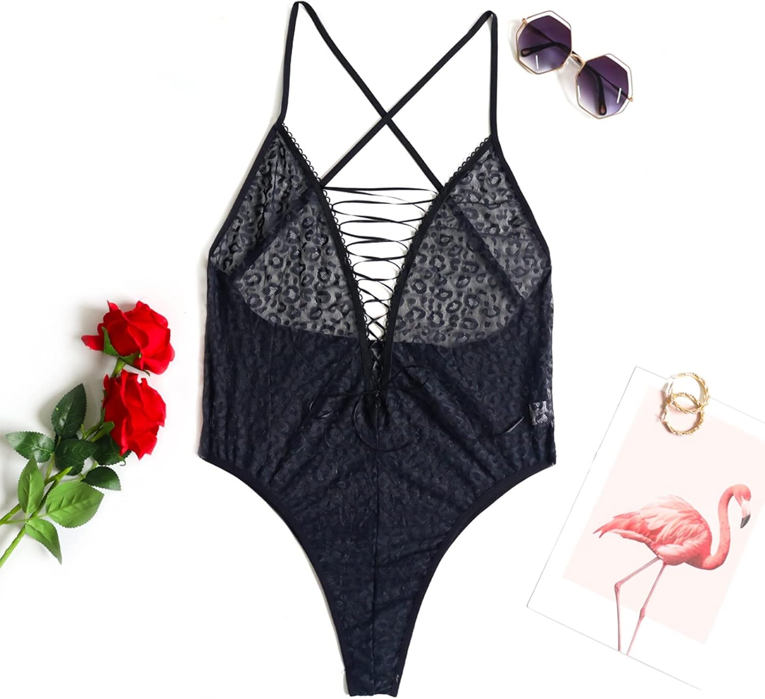 Size Sexy Lingerie Leopard Lace Bodysuit -Piece See-Through Women's Underwear Temptation