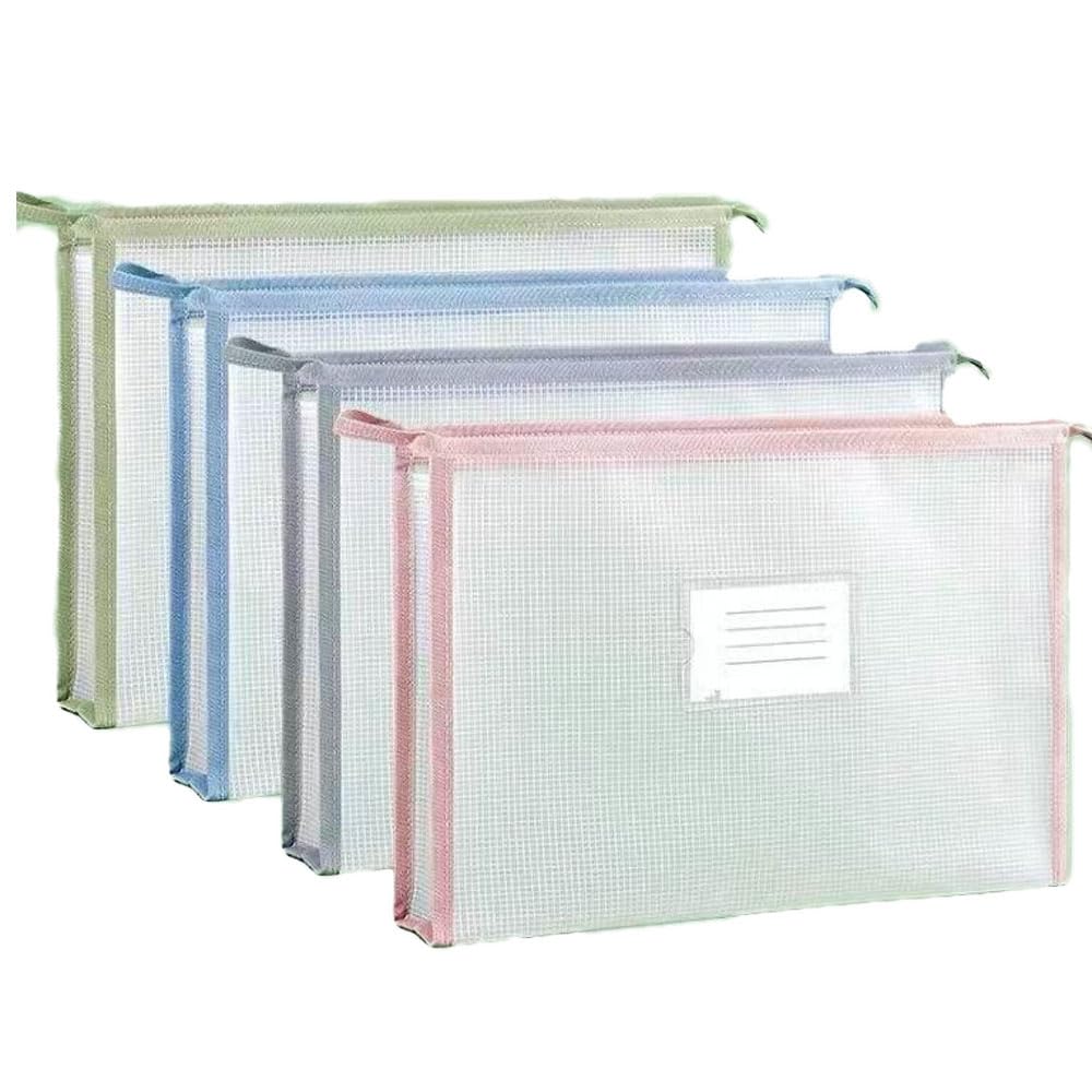 4 Pack A4 Plastic Envelope Wallets Folders EVA Wallet with Popper Mesh Book Bags Double Layer Mesh Zipper Pouches File Bags File Document Wallets Document Folder Pockets Envelopes with Card Slot