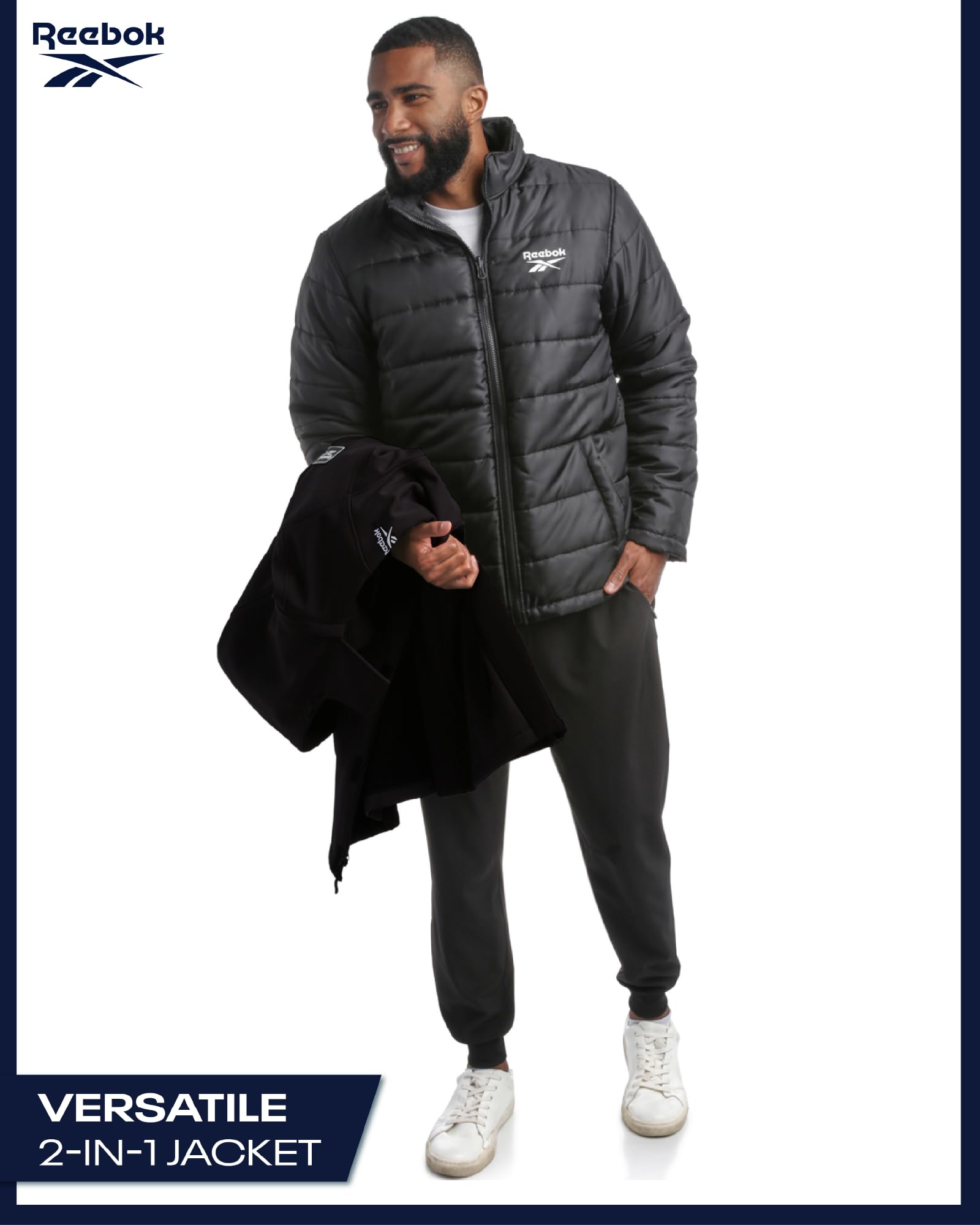 Reebok Giacca invernale da uomo in softshell, sistema 2 in 1, con cappuccio, giacca a vento in softshell, piumino rimovibile per uomo