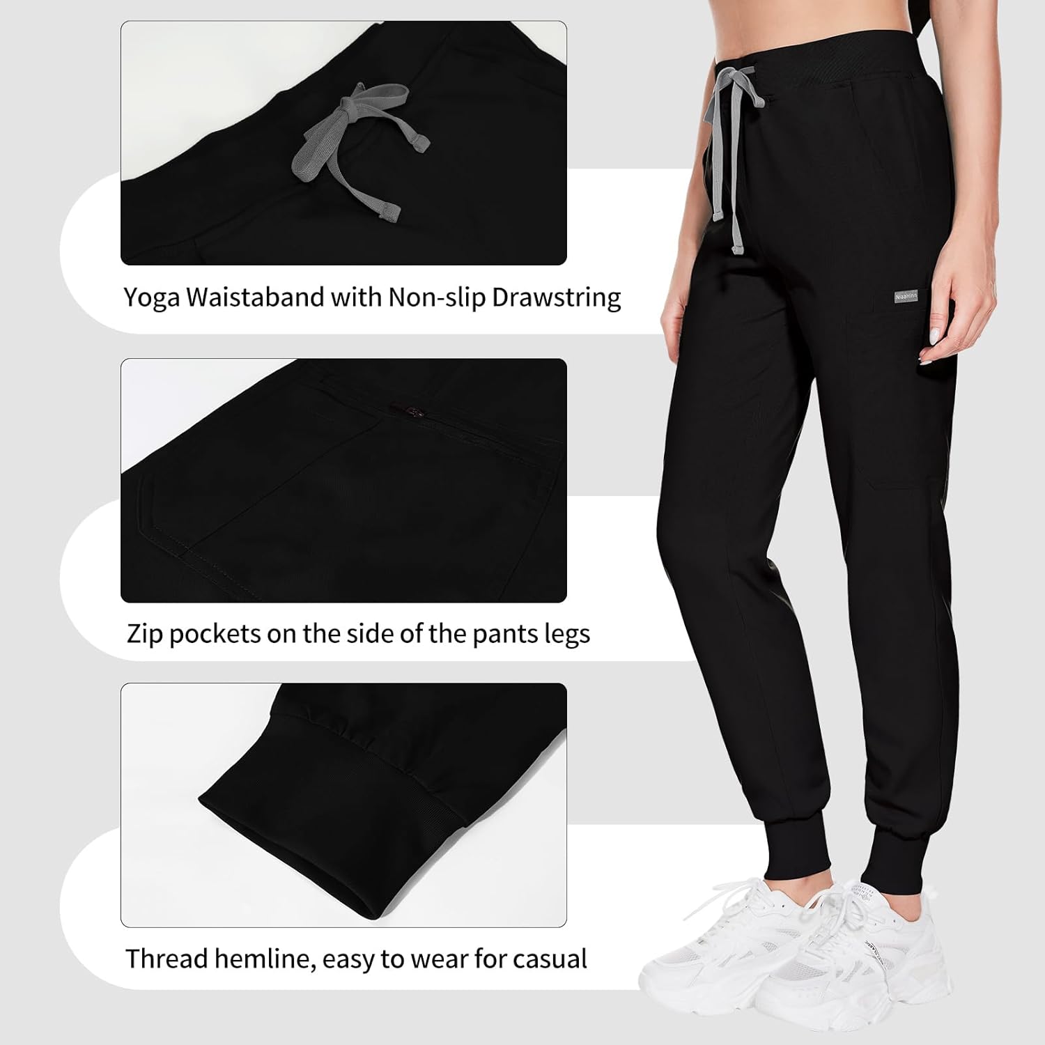 Women's Scrub Set, V-Neck Top and Jogger Pants with Zip Pockets, Black - Image 3