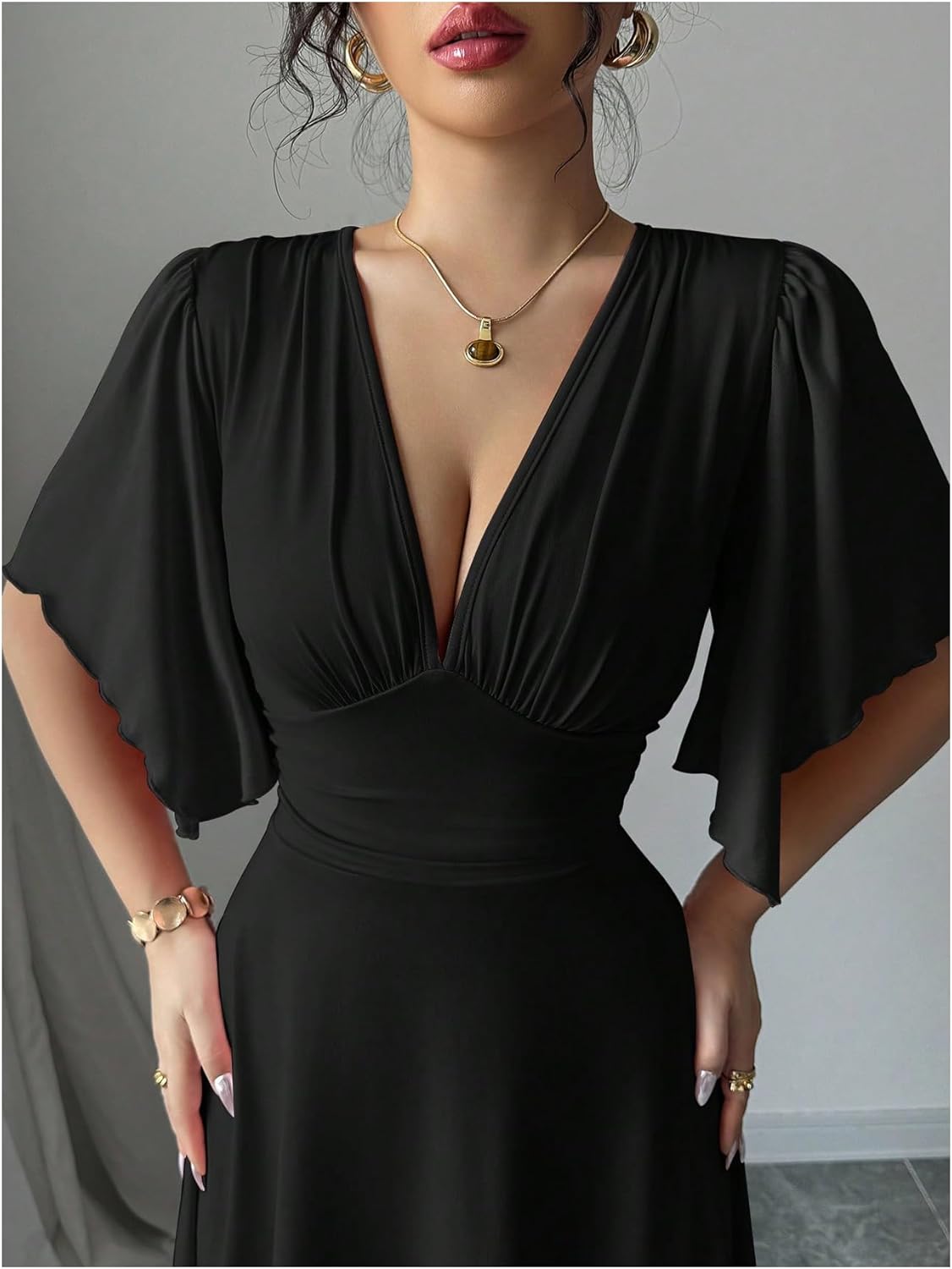 SOLY HUX Women's Deep V Neck Elegant Mini Dress Ruffle Short Sleeve Flowy Cocktail Evening Dresses - Image 5