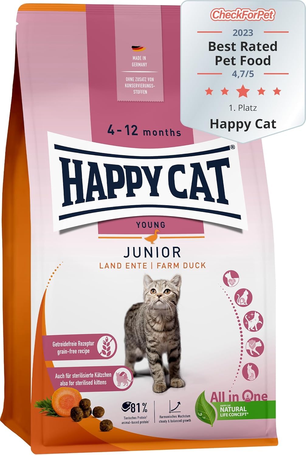 Happy Cat 70545 - Young Junior Land Kaczka - sucha karma dla kotów młodych kotów od 4 miesiąca - zawartość 4 kg