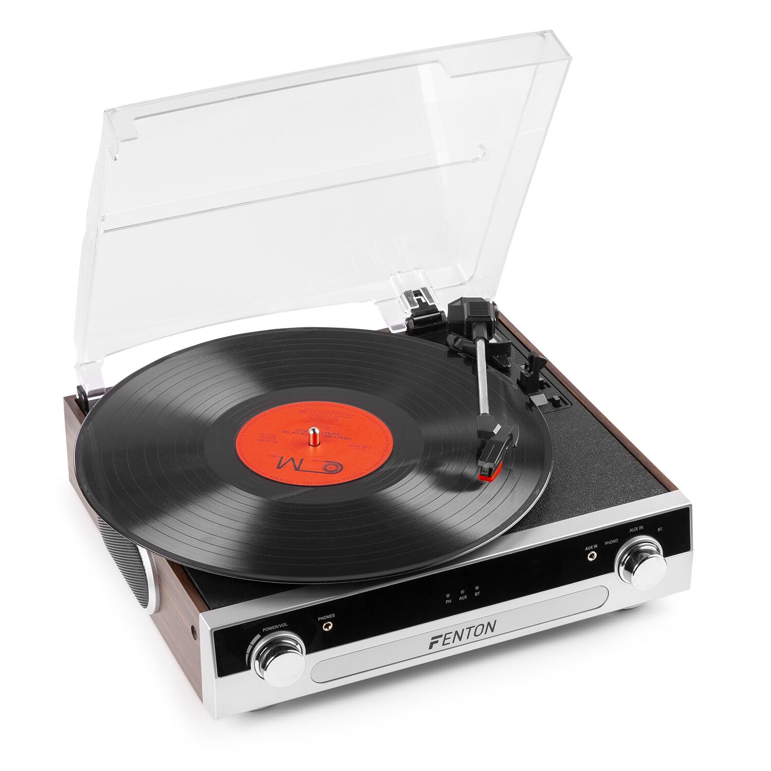 Fenton RP102A - Giradischi Bluetooth in alluminio/legno, ruota disco con altoparlanti integrati, adatto per dischi da 33, 45 e 78 giri, funzione di registrazione mp3 tramite USB