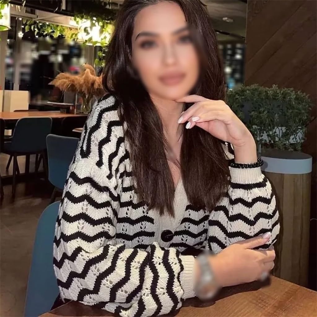 Women's V-Neck Pattern Openwork Long Sleeve Single-Breasted Knit Cardigan