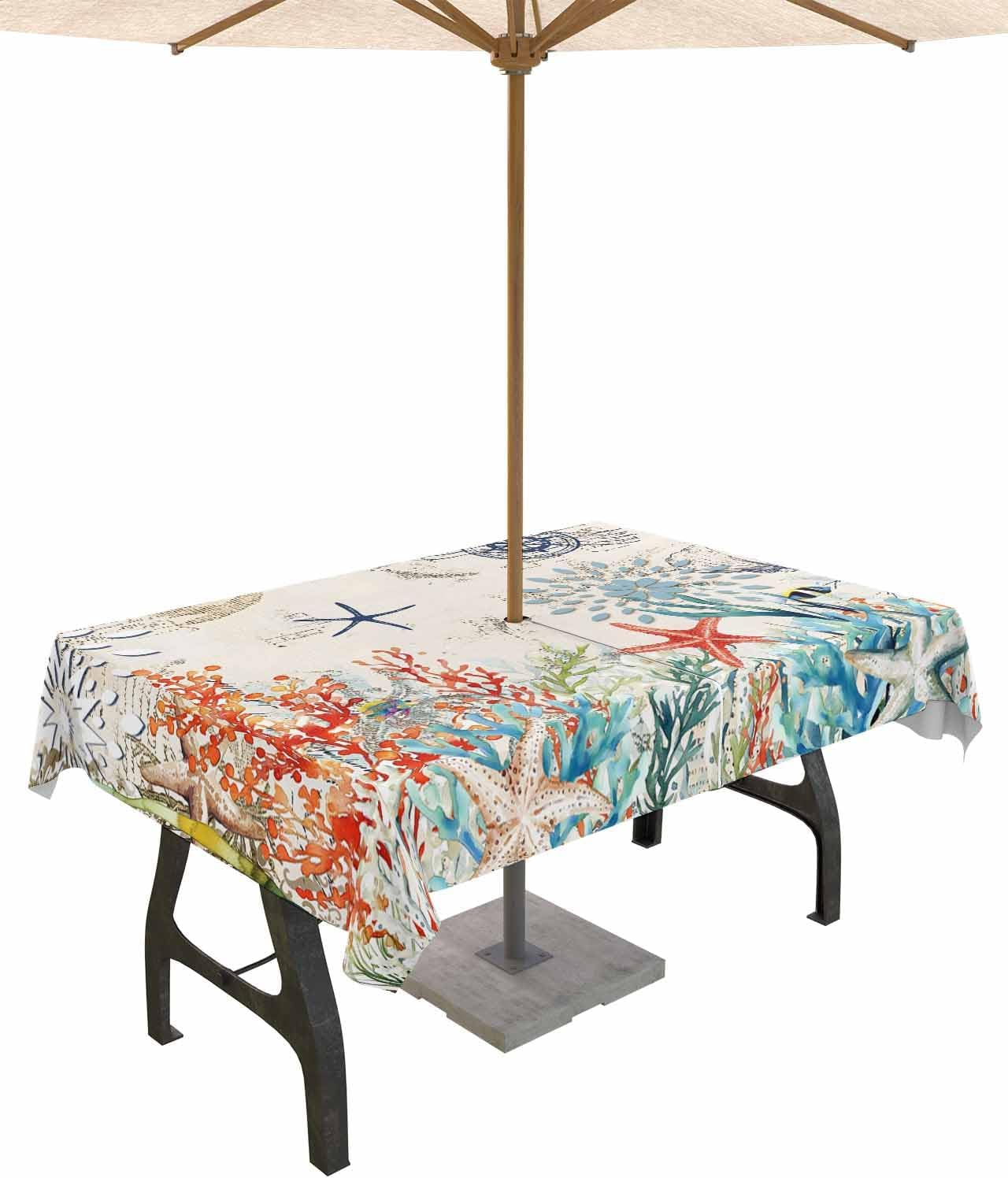 Vintage Coastal Outdoor Tablecloth with Umbrella Hole & Zipper, Summer Beach Rectangle Table Cover 54x80 Inch, Coral Starfish Nautical Dining Waterproof Table Cloth Protector for Patio
