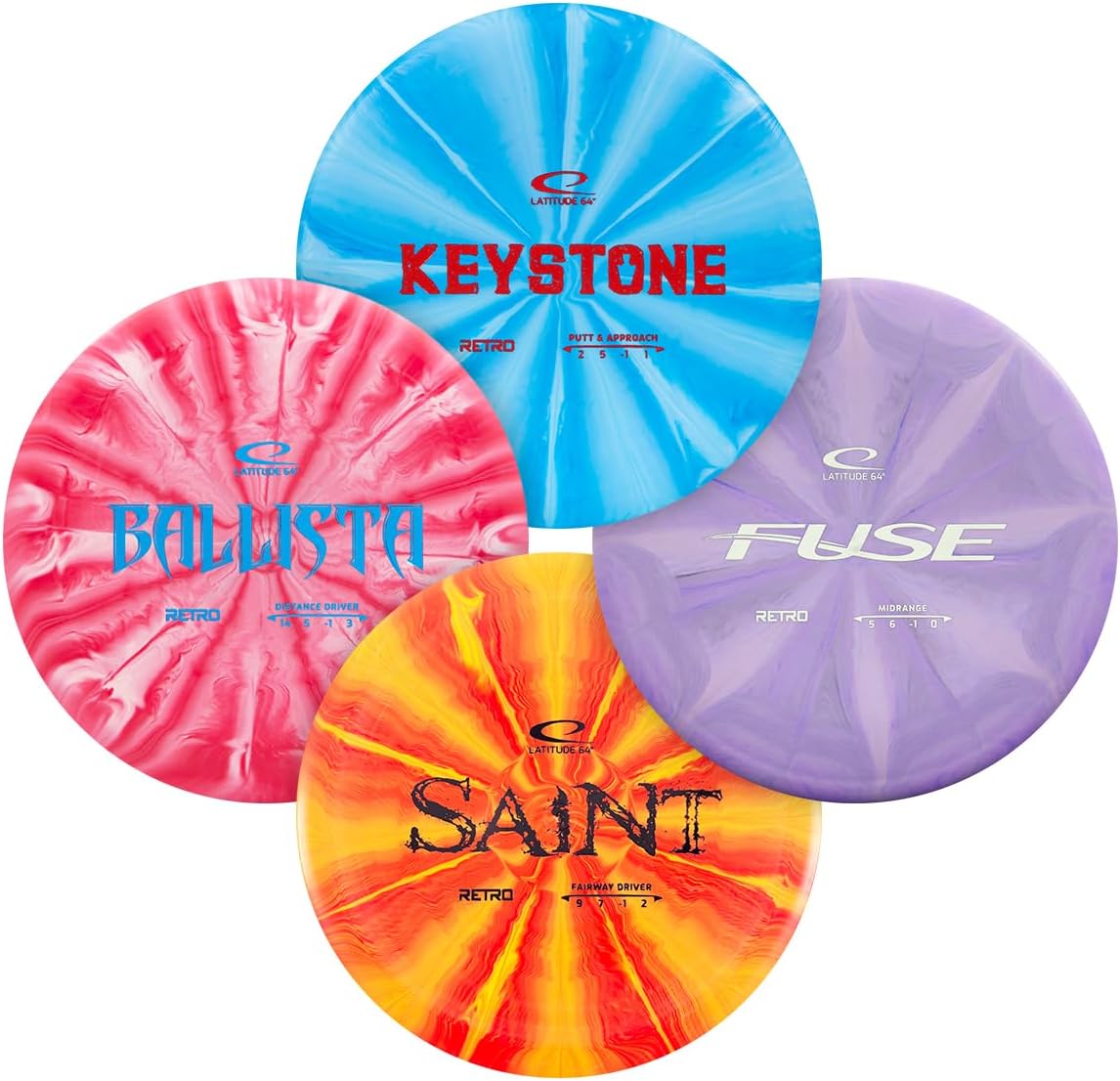 Latitude 64 Retro Burst Disc Golf Starter Set 4-Pack - Beginner Discs: Keystone Putter, Fuse Midrange, Saint Fairway, Ballista Driver | Grippy Plastic