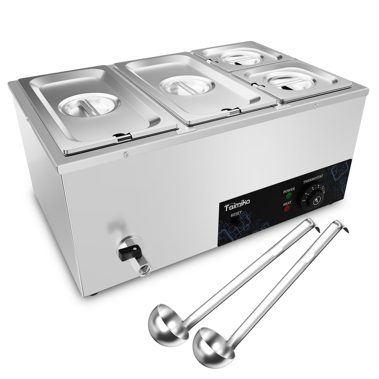TAIMIKO 1500W Scaldavivande Commerciale a 4 Vaschette, Temperatura Regolabile da 0 a 85 °C, con pulsante anti-bruciatura a secco e reset, scalda buffet in acciaio inox con rubinetto di scarico