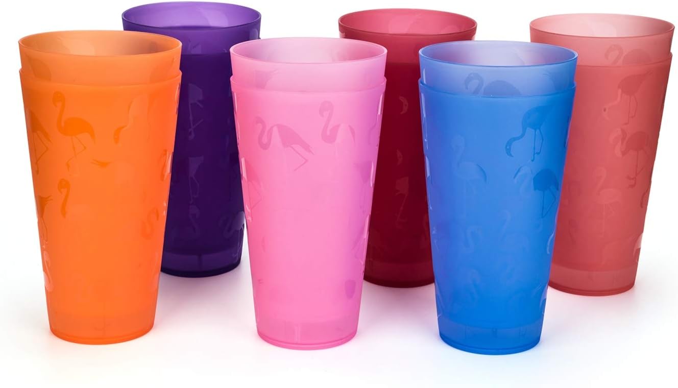 Unbreakable 32-ounce Plastic Tumbler Drinking Glasses, Set of 12 Flamingo - Dishwasher safe, BPA Free (Multicolor, 12)