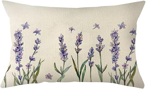 Funda de almohada lumbar de acuarela lavanda, 12 x 20 pulgadas, diseño floral de verano, decoración para sofá