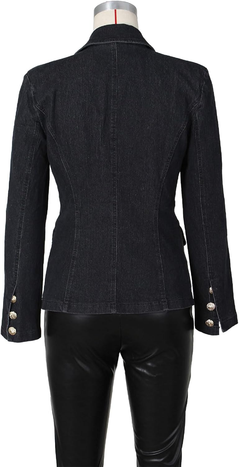 Angsuttc Blazers for Women Business Casual Denim Long Sleeves Lapel Double Breasted Jacket