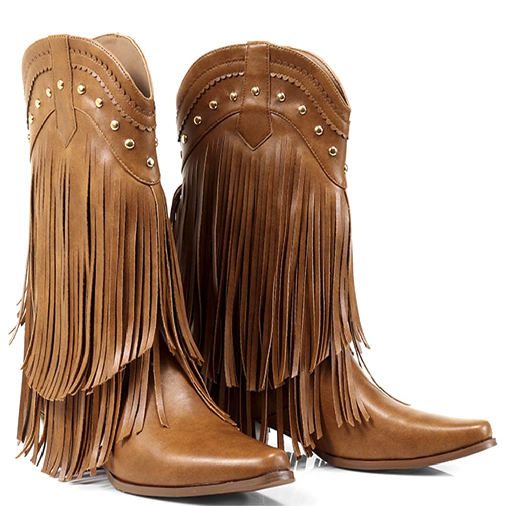 Women Fringe Cowboy Cowgirl Boots Pull On Western Mid Calf Booties