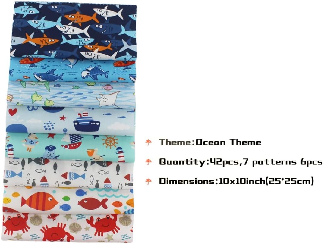 Ocean Theme 10x10 Inch Cotton Fabric Squares for Quilting - 48 Precut Layer Cake Pack with Sea Animal Designs for Baby Boys,Quilt Fabric Bundles for Sewing & Craft Projects
