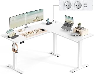 VASAGLE Elektrisch in hoogte verstelbaar bureau, L-vormige hoektafel, 140 x 160 cm, met stekkerdoos, 2 hoogtes geheugenfunctie, voor thuiskantoor, wolkenwit en matwit LSD264W01