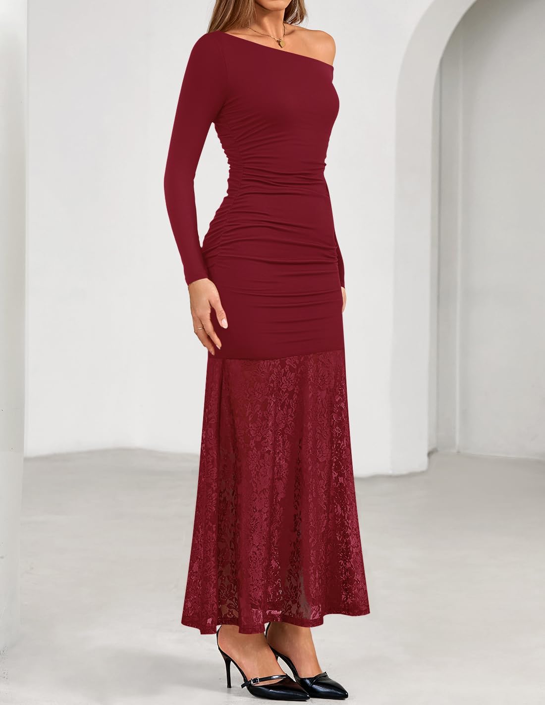 ZESICA Women's Long Sleeve Off Shoulder Bodycon Dresses Fall 2026 Ruched Lace Wedding Guest Cocktail Formal Maxi Dress - Image 5