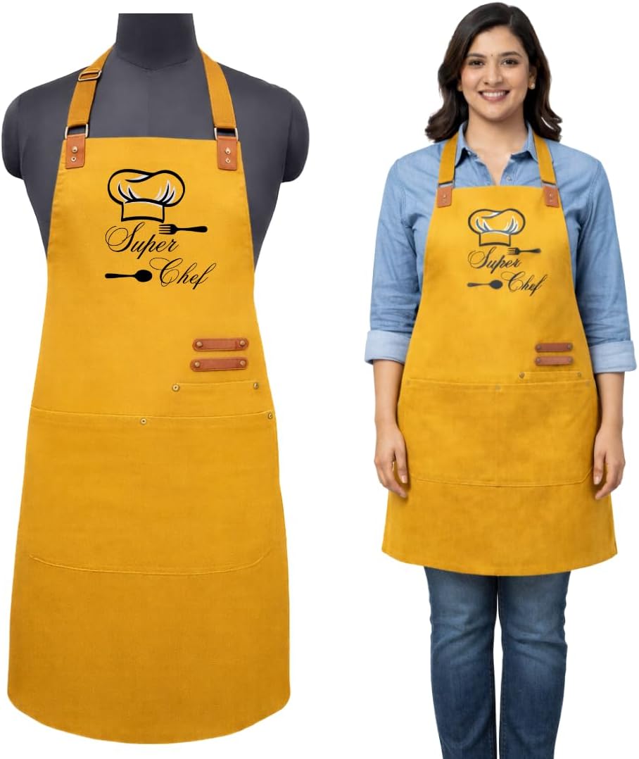 Premium Printed Black Heavy-Duty Chef Apron with Adjustable Strap, Leather Detailing & Multi Pockets | Waterproof & Stain-Resistant Kitchen, BBQ, Restaurant, Barista Apron for Men & Women