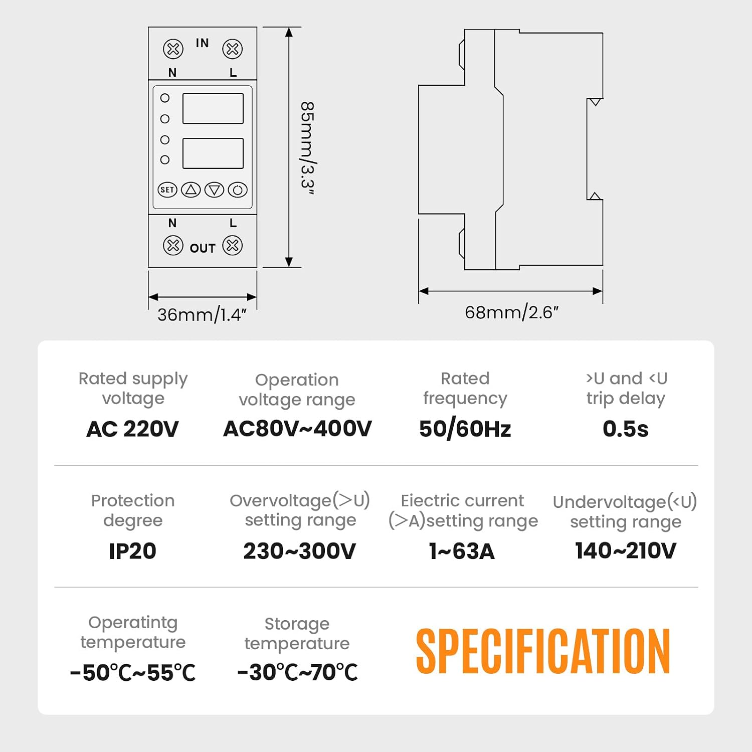 Adjustable Miniature Circuit Breaker 110/230VAC 2P 1~63Amps Adjustable Current Limit Quick Disconnect Overvoltage Undervoltage Time-delay Protection and Automatic Reset Circuit Breaker (Black)