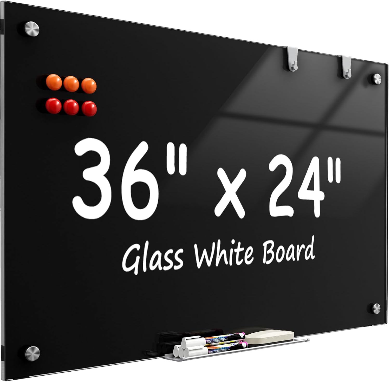 MaxGear Glass Whiteboard 36x24 Inches Wall Mounted, Magnetic Black Dry Erase Board with 1 Eraser, 1 Accessory Tray, 4 Markers and 6 Magnets, Large Frameless White Board for Office, School, Home