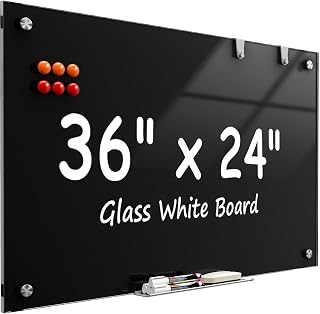MaxGear Glass Whiteboard 36x24 Inches Wall Mounted, Magnetic Black Dry Erase Board with 1 Eraser, 1 Accessory Tray, 4 Markers and 6 Magnets, Large Frameless White Board for Office, School, Home