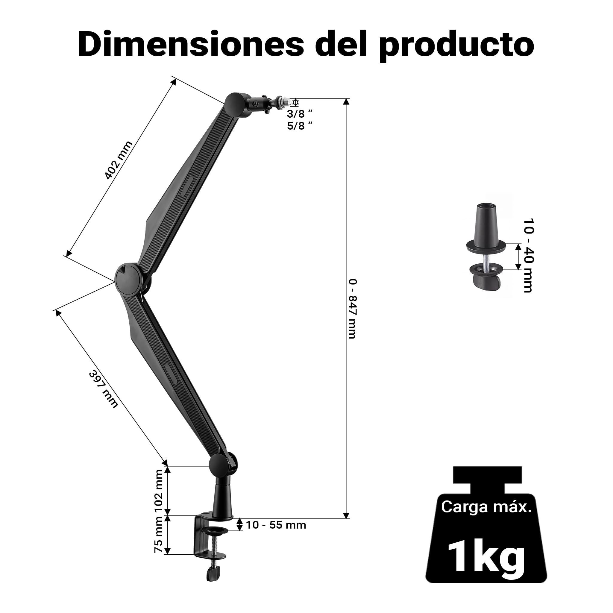 Wiltec Brazo de micrófono 80 cm soporte conexión 3/8" y 5/8" extensible mesa gaming podcast flexible
