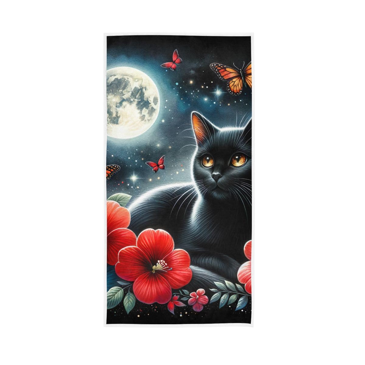 LSRCPD Summer Night Cat and Moon Hand Towel, Multipurpose Cotton Hand Towels for Bathroom, Gym, Hotel, Spa 15 x 30 Inches