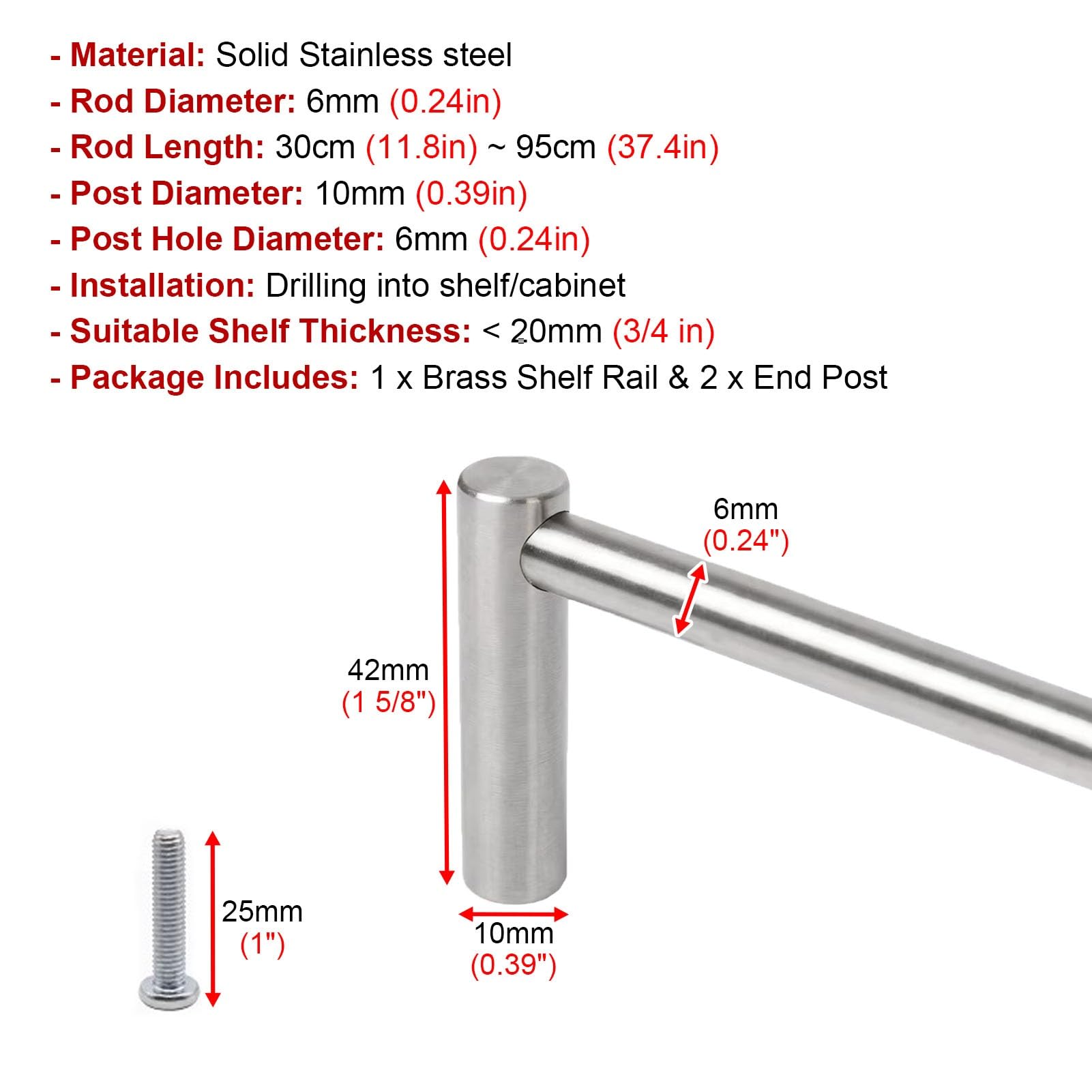 Vibeo Regalgeländer Hängeregalschienen aus Edelstahl, 30–90 cm Lang, Schrankgeländer-Set mit 2 Pfosten, Kippsicherung für Flaschen, Weinflaschen und Bücher(8 Pack,45cm/17.7in)